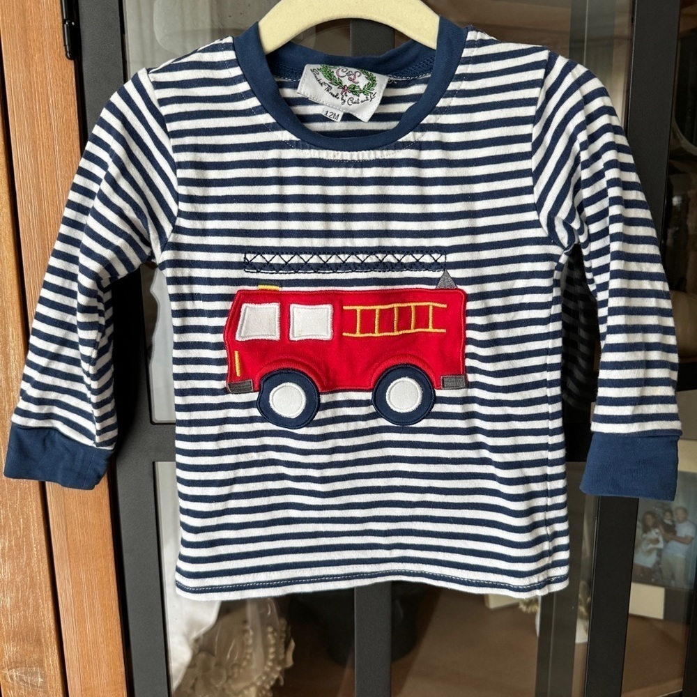 Cecil & Lou firetruck engine appliqué tee long sleeve baby boy embroidered navy